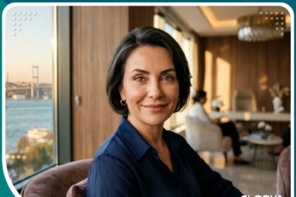 صورة سينمائية تظهر نتيجة شد الجفون بتقنية الثرماج لامرأة، مع إطلالة بانورامية على اسطنبول.
