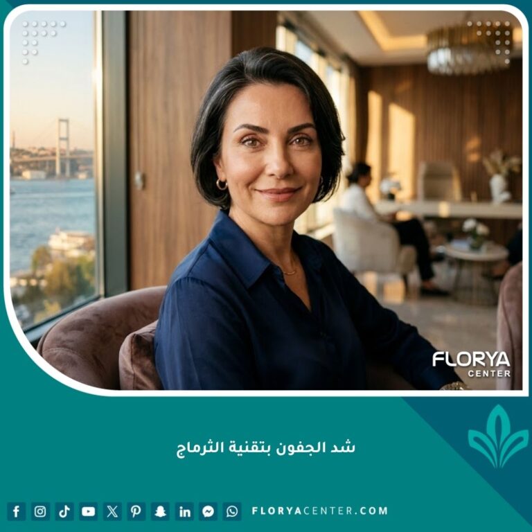 صورة سينمائية تظهر نتيجة شد الجفون بتقنية الثرماج لامرأة، مع إطلالة بانورامية على اسطنبول.