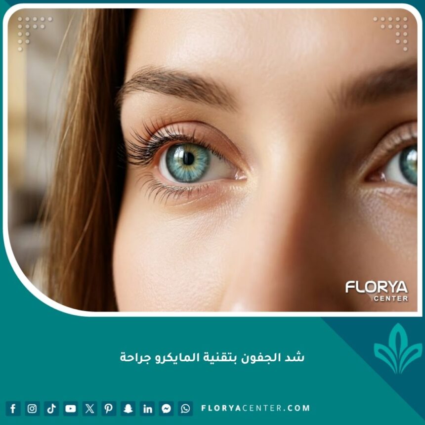 صورة مقربة تظهر النتائج المثالية لعملية شد الجفون بتقنية المايكرو جراحة بعيون شابة وبدون أي ندبات.