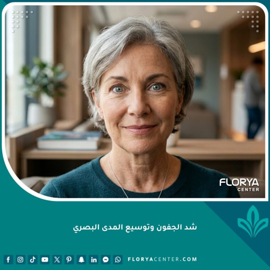 شخص يتمتع بنظرة واسعة ومشرقة ورؤية واضحة بعد إجراء عملية شد الجفون وتوسيع المدى البصري لعلاج ثقل الجفن.