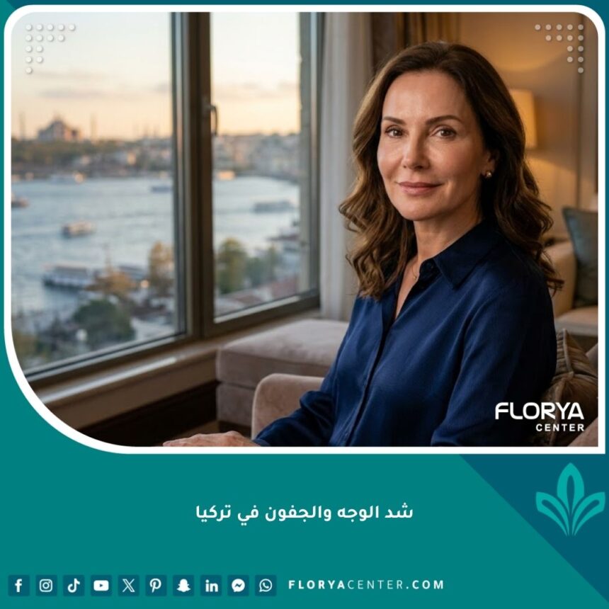 امرأة سعيدة بعد عملية شد الوجه والجفون في تركيا تطل على مضيق البوسفور.