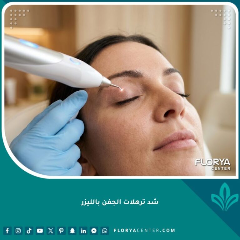 طبيب يستخدم جهاز البلازما بليكسر لشد ترهلات الجفن بالليزر بدون جراحة لامرأة في عيادة تجميل.