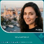 صورة سينمائية لامرأة بعد عملية شد زاوية العين في تركيا (تجميل العيون) تظهر عيوناً مرفوعة ومظهر "عين الثعلب" مع إطلالة على آيا صوفيا ومضيق البوسفور في إسطنبول.