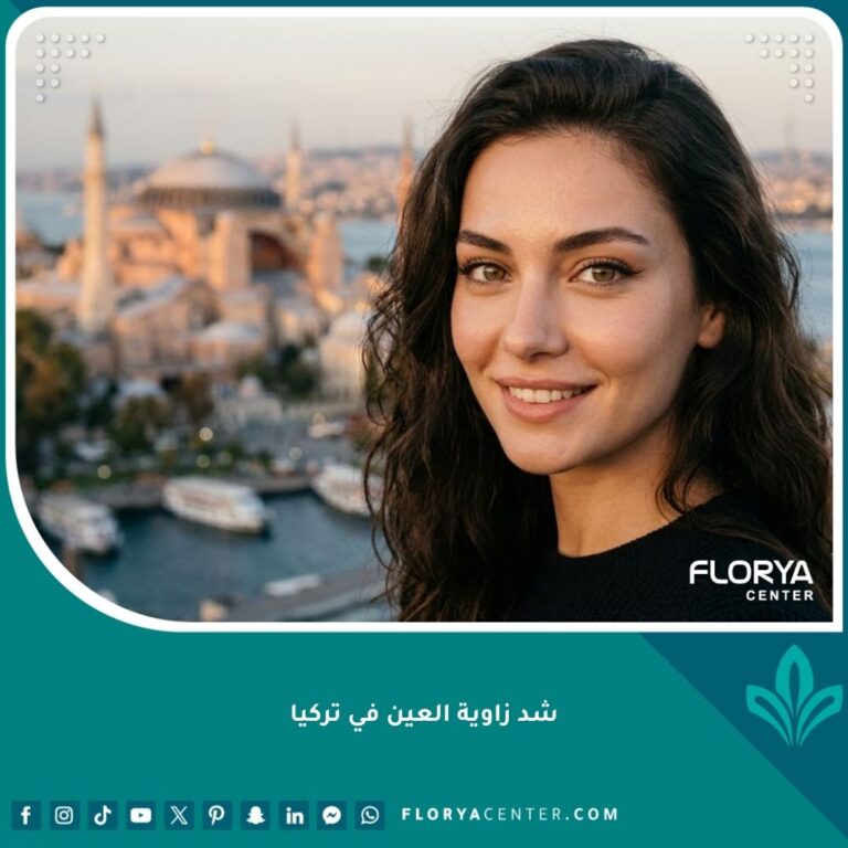 صورة سينمائية لامرأة بعد عملية شد زاوية العين في تركيا (تجميل العيون) تظهر عيوناً مرفوعة ومظهر "عين الثعلب" مع إطلالة على آيا صوفيا ومضيق البوسفور في إسطنبول.