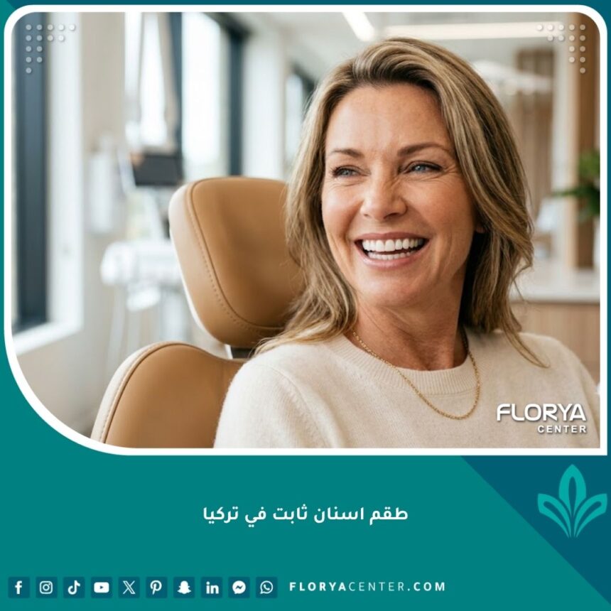 مريض يبتسم بثقة وسعادة بعد تركيب طقم اسنان ثابت في تركيا داخل عيادة أسنان فاخرة.