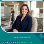 امرأة تبتسم بأسنان بيضاء ناصعة بعد علاج اصفرار الاسنان في تركيا بأحدث تقنيات تبييض الأسنان وتركيب الفينير.