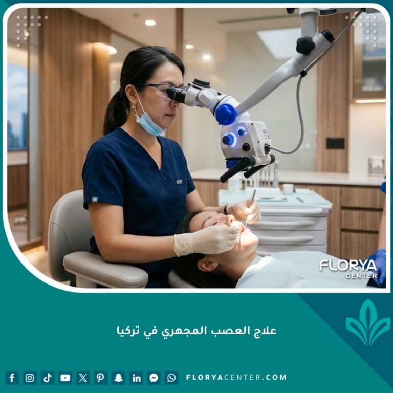 طبيب أسنان متخصص يستخدم الميكروسكوب الطبي الدقيق أثناء علاج العصب المجهري في تركيا.