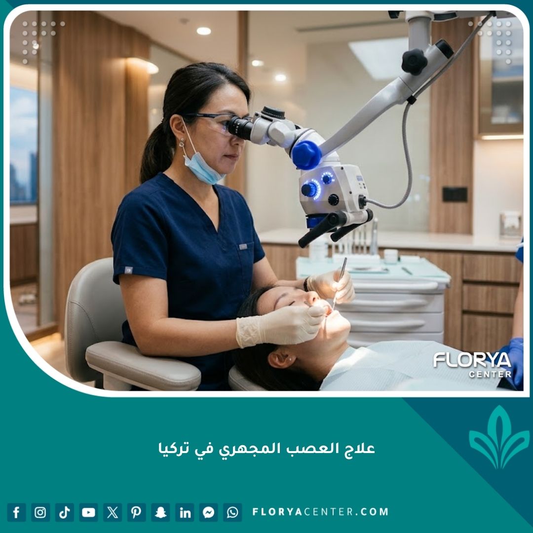 طبيب أسنان متخصص يستخدم الميكروسكوب الطبي الدقيق أثناء علاج العصب المجهري في تركيا.