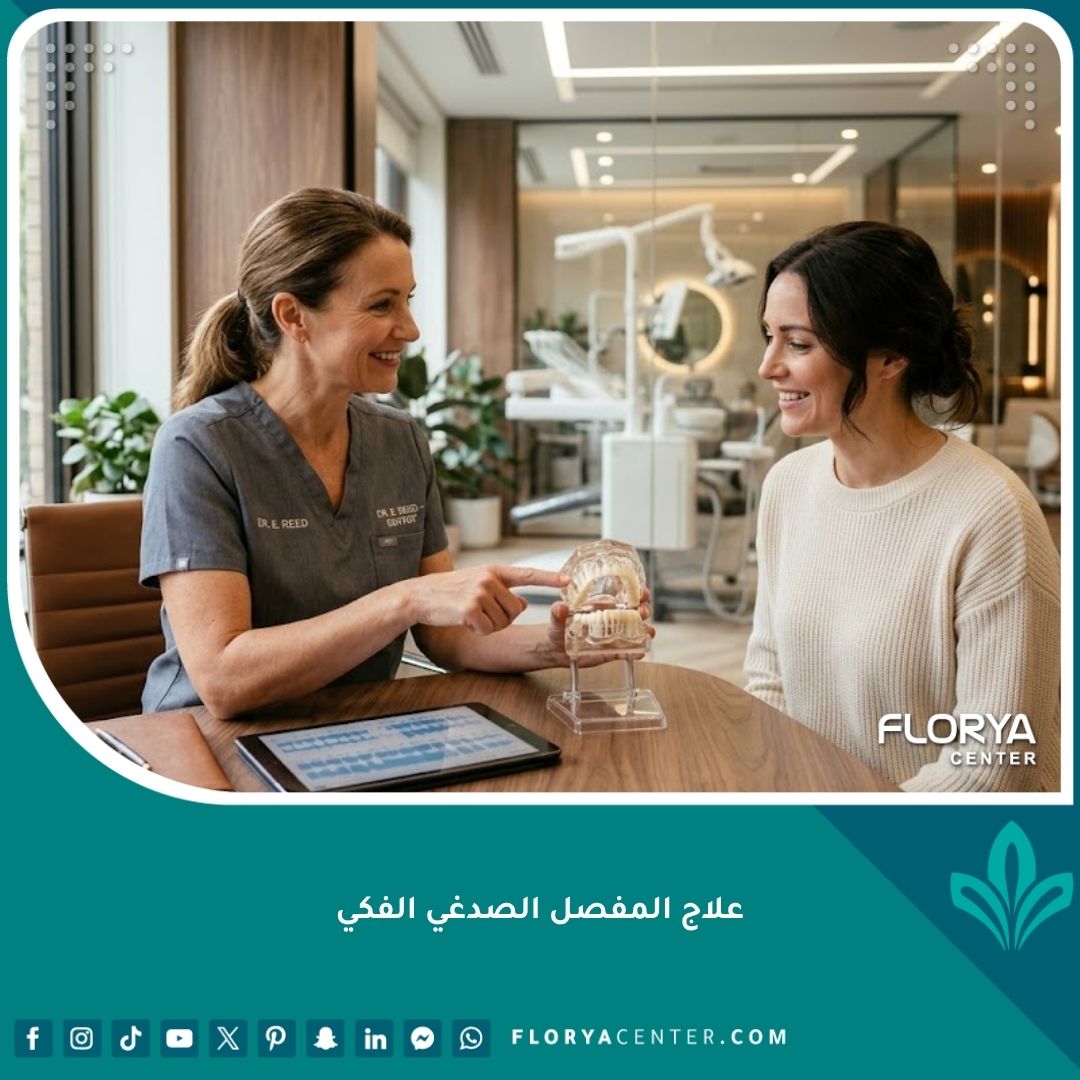 طبيب مختص يناقش خيارات علاج المفصل الصدغي الفكي مع مريض في عيادة حديثة للتخلص من آلام الفك.