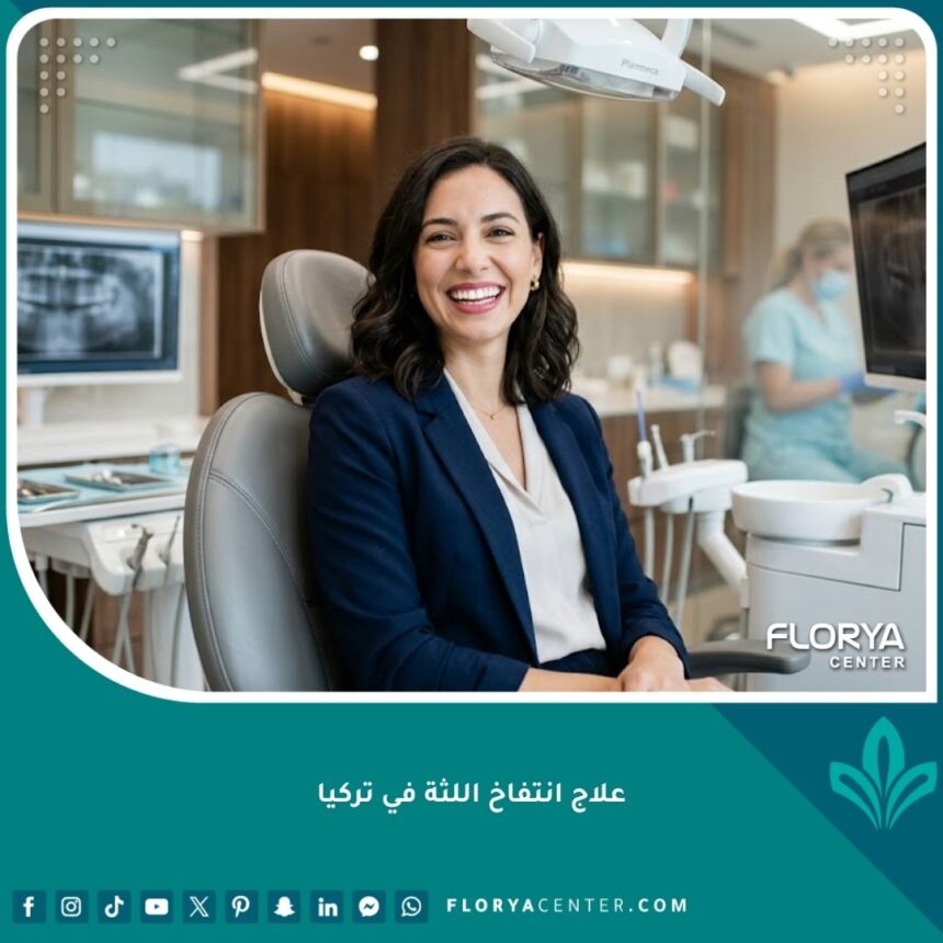 ابتسامة صحية ولثة وردية بعد الانتهاء من علاج انتفاخ اللثة في تركيا داخل عيادة أسنان حديثة.