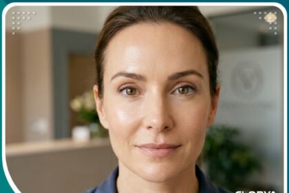 امرأة بعيون جذابة وجفون ناعمة بعد نجاح علاج ندبات عملية شد الجفون القديمة في عيادة تجميل فاخرة.