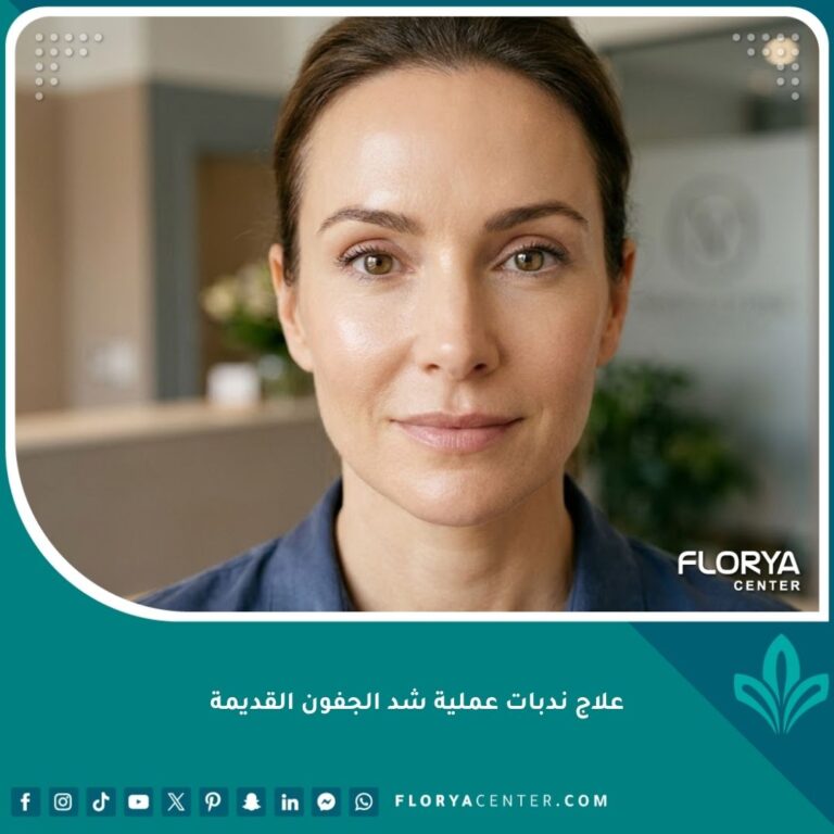 امرأة بعيون جذابة وجفون ناعمة بعد نجاح علاج ندبات عملية شد الجفون القديمة في عيادة تجميل فاخرة.