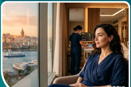 سيدة تظهر بنتائج طبيعية أنيقة بعد عملية تجميل مزدوجة للحواجب والجفون في إسطنبول، تركيا، تطل على البوسفور.
