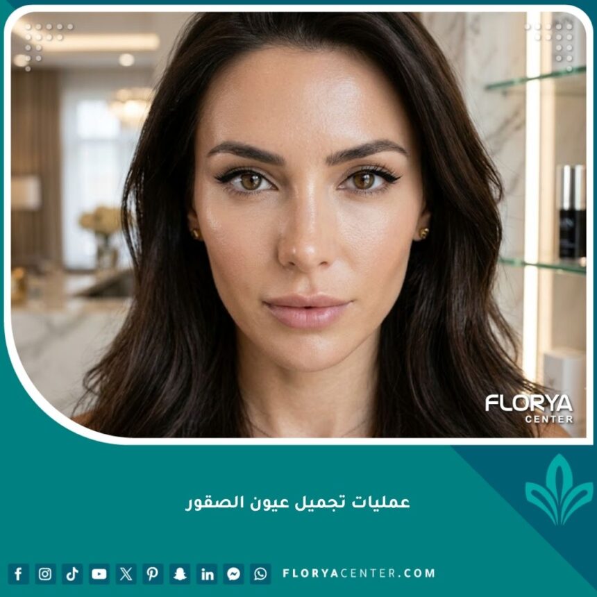 صورة مقربة لامرأة تتمتع بنظرة حادة وجذابة تبرز نتائج عملية تجميل عيون الصقور وسحب العين.