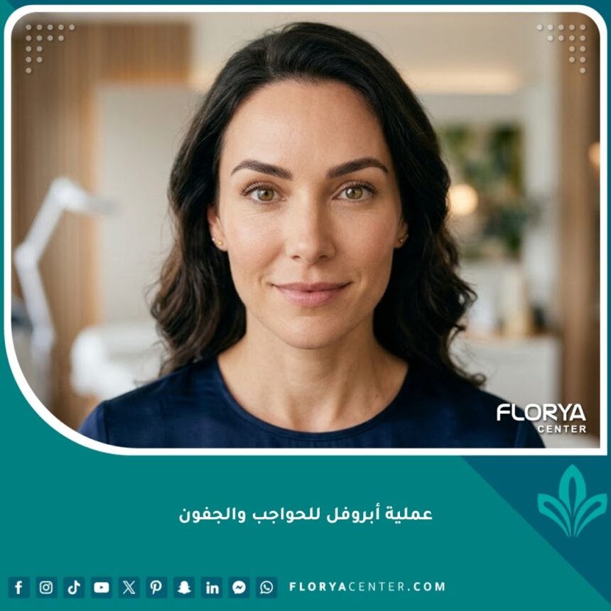 لقطة مقربة سينمائية لوجه امرأة بعيون واسعة وحواجب مرفوعة بشكل جذاب، تظهر نتائج عملية شد الحواجب والجفون (عملية أبروفل) لمظهر شاب ومشرق.