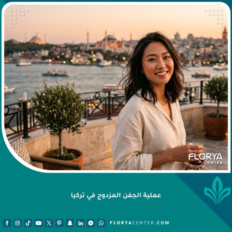 امرأة آسيوية بابتسامة مشرقة تظهر جفونها المزدوجة المحددة بعد العملية في تركيا، مع إطلالة على البوسفور ومساجد إسطنبول وقت الغروب.