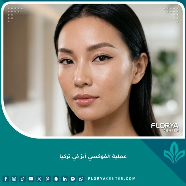 صورة قريبة لوجه امرأة تتمتع بعيون مسحوبة وجذابة تبرز جمال ونتائج عملية الفوكسي آيز ورفع ذيل الحاجب.