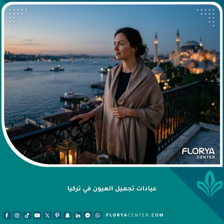 امرأة تنظر براحة إلى البوسفور في إسطنبول بعد إجراء تجميل العيون في تركيا، تظهر ملامحها نضرة وشبابية في أجواء فاخرة وهادئة.