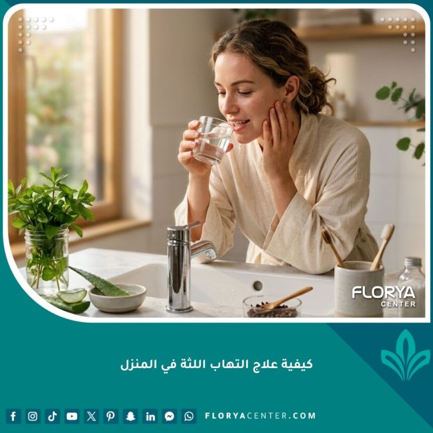 شخص يستخدم محلول الماء والملح كطريقة فعالة في علاج التهاب اللثة في المنزل وتخفيف آلام الأسنان.