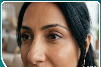 صورة سينمائية لامرأة بعد عملية شد الجفون، تظهر عيونها مشرقة ومشدودة بدون تورم، تعبر عن الرضا والأمل في النتائج النهائية.