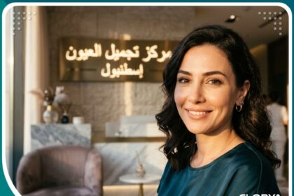 صورة سينمائية لامرأة تشعر بالثقة والرضا في مركز تجميل عيون راقٍ وحديث في إسطنبول، تركيا.