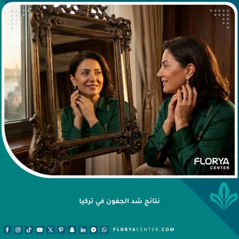 امرأة تركية واثقة من نفسها تنظر إلى المرآة مع نتائج ناجحة لعملية شد الجفون، تبرز مظهرها المتجدد والمشرق.