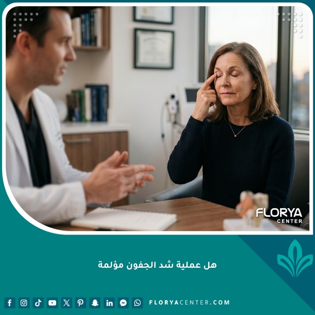 استشارة طبية مطمئنة حول ألم عملية شد الجفون ومخاوف حساسية العين بعد العملية.