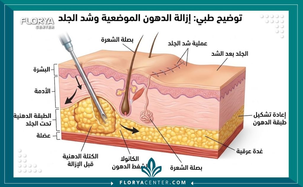 رسم طبي تشريحي يوضح طبقات الجلد وعملية شفط الدهون الموضعي مع قص الجلد المترهل.