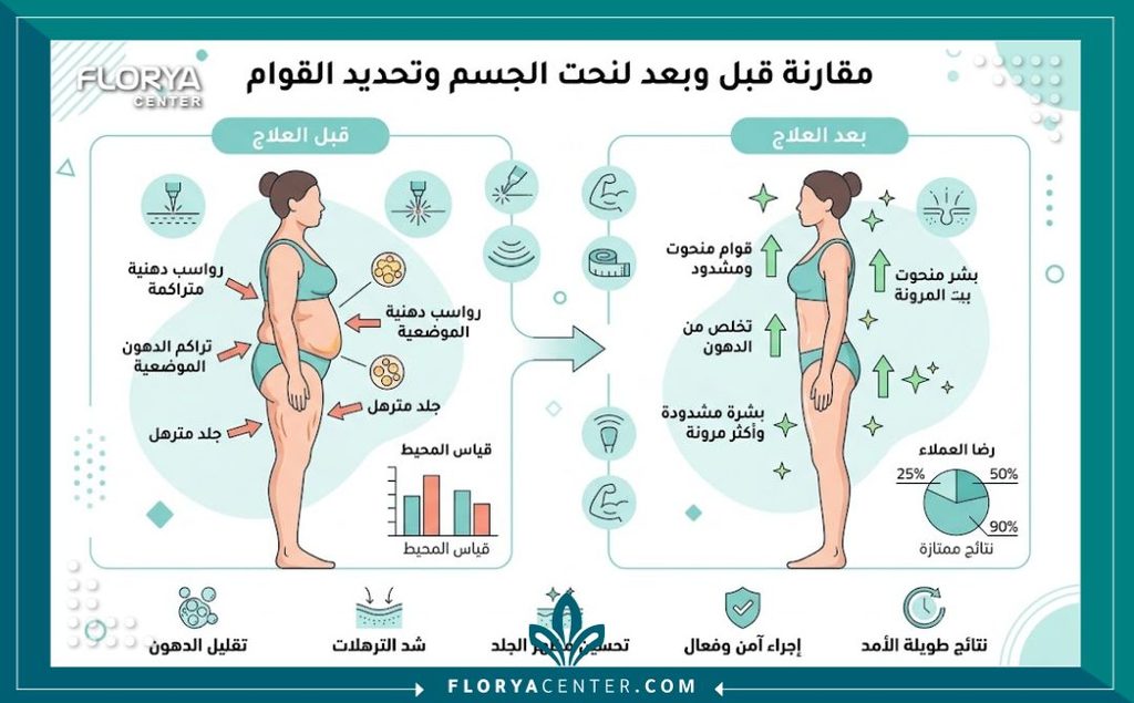 إنفوجرافيك يقارن بين شكل الجسم قبل وبعد العلاج المتكامل لإزالة التكتلات الدهنية وشد الجلد.