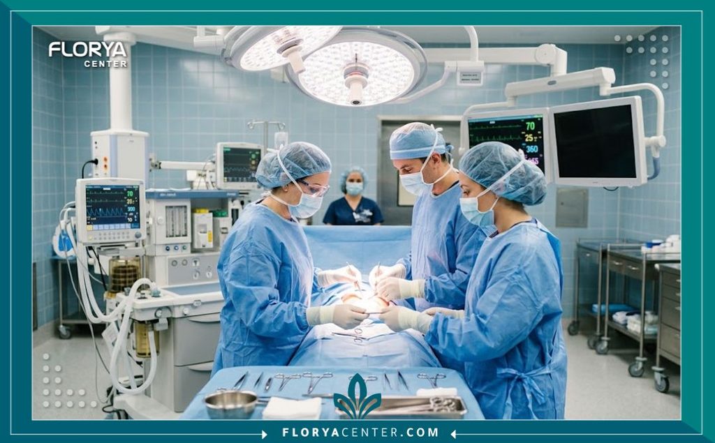 فريق طبي متخصص داخل غرفة عمليات حديثة ومجهزة بأحدث التقنيات لإجراء جراحة إزالة ترهلات البطن بأعلى معايير الأمان.
