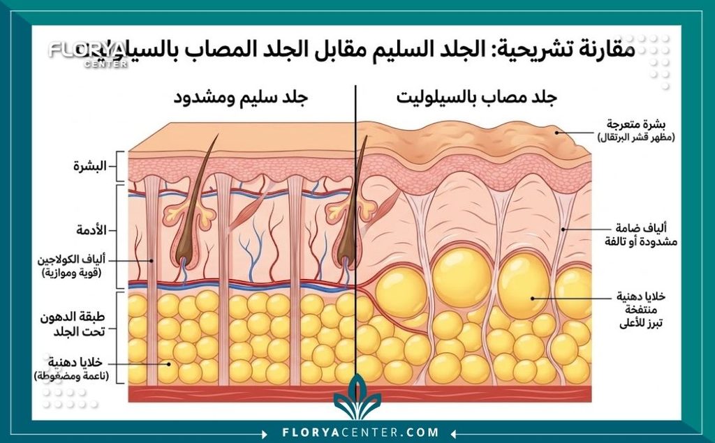 رسم توضيحي طبي لطبقات الجلد يوضح الفرق بين مظهر السيلوليت والجلد المشدود والصحي بعد العلاج.
