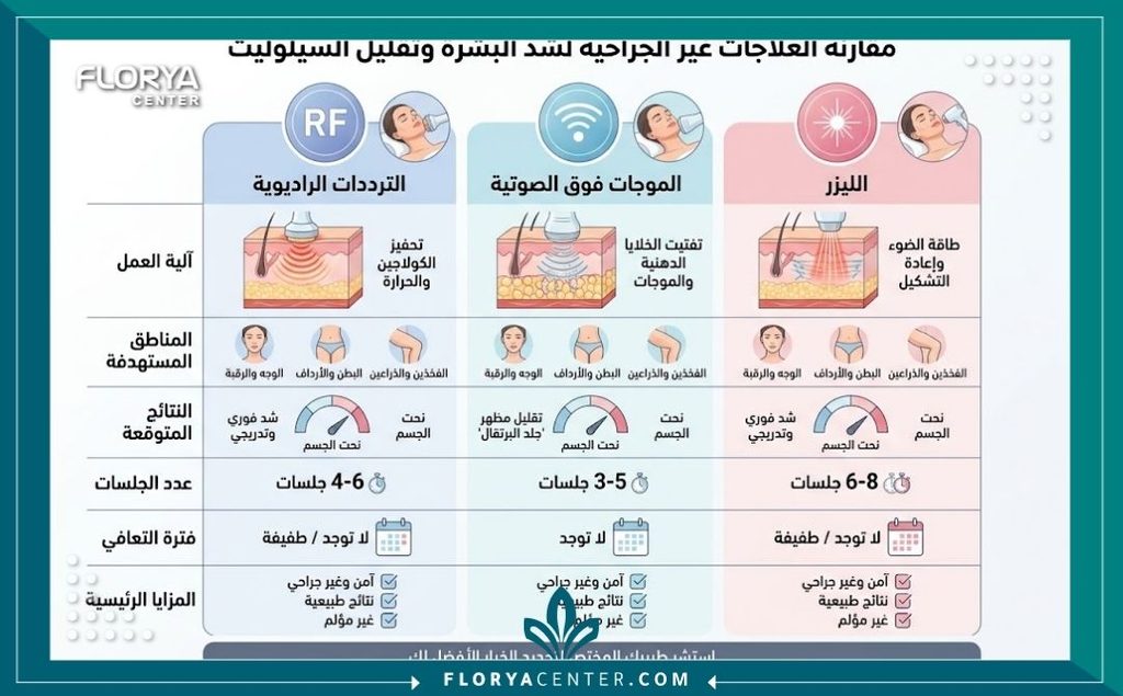 إنفوجرافيك يقارن بين أفضل التقنيات غير الجراحية لشد الجلد المترهل وإزالة السيلوليت ونسب نجاحها.