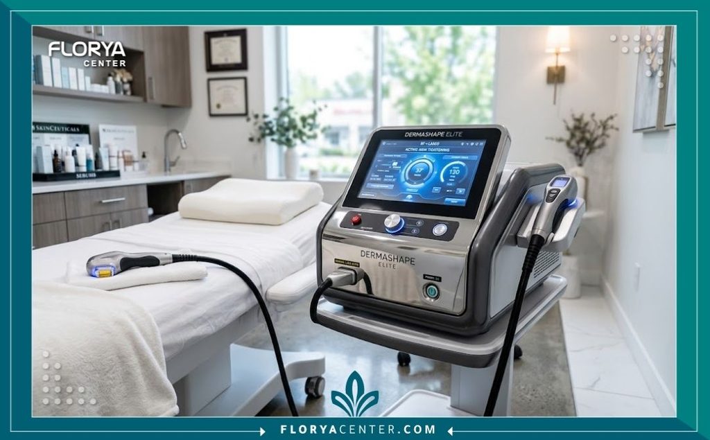 أحدث الأجهزة الطبية في غرفة عيادة تجميل معقمة ومجهزة بتقنيات الليزر الحديثة لعلاج ترهلات الجلد.