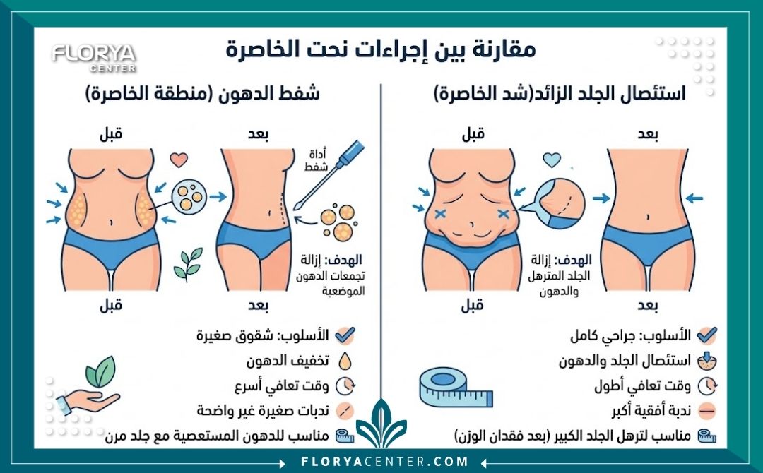 إنفوجرافيك يقارن بين شفط دهون الخواصر وعملية قص طيات الجلد الجانبية المترهلة فوق حزام البنطلون.