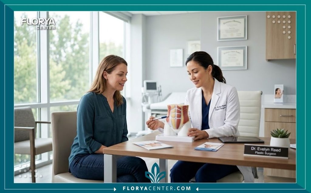 استشارة طبية مع جراح تجميل متخصص لمناقشة خطة التخلص من المافن توب وإزالة طيات الجلد الجانبية في عيادة حديثة.