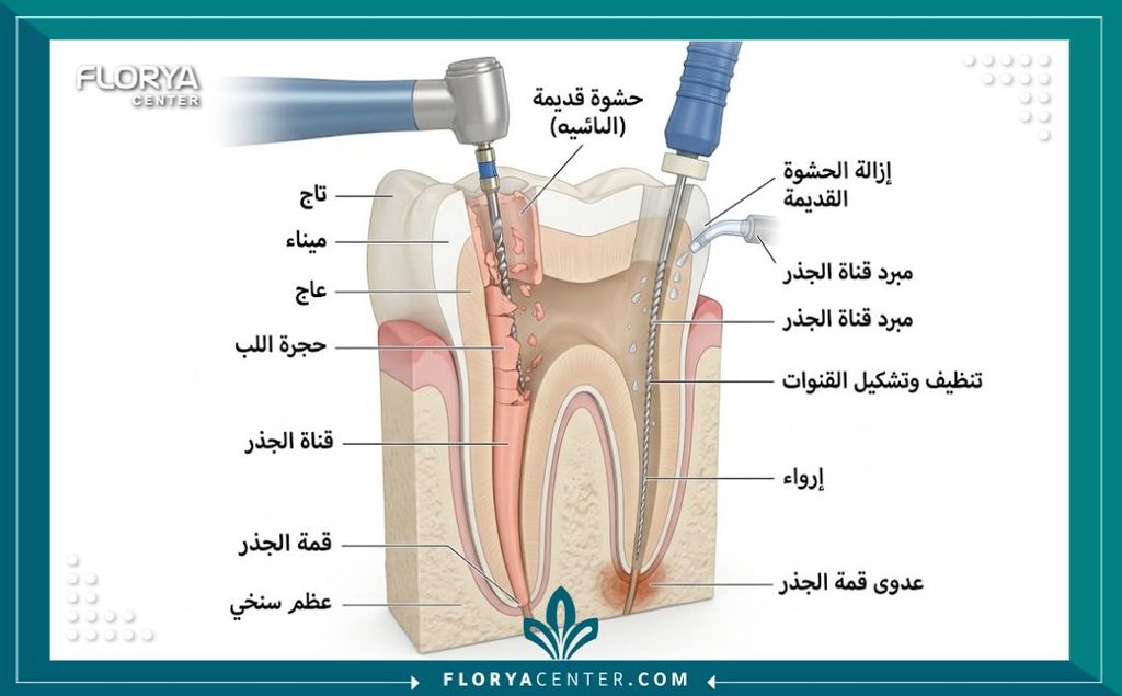 رسم توضيحي طبي يوضح تشريح السن وخطوات إزالة حشو العصب القديم وتنظيف القنوات الجذرية.