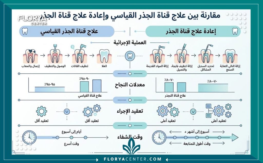إنفوجرافيك يقارن بين سحب العصب العادي وإعادة المعالجة اللبية للأسنان ونسب النجاح في تركيا.