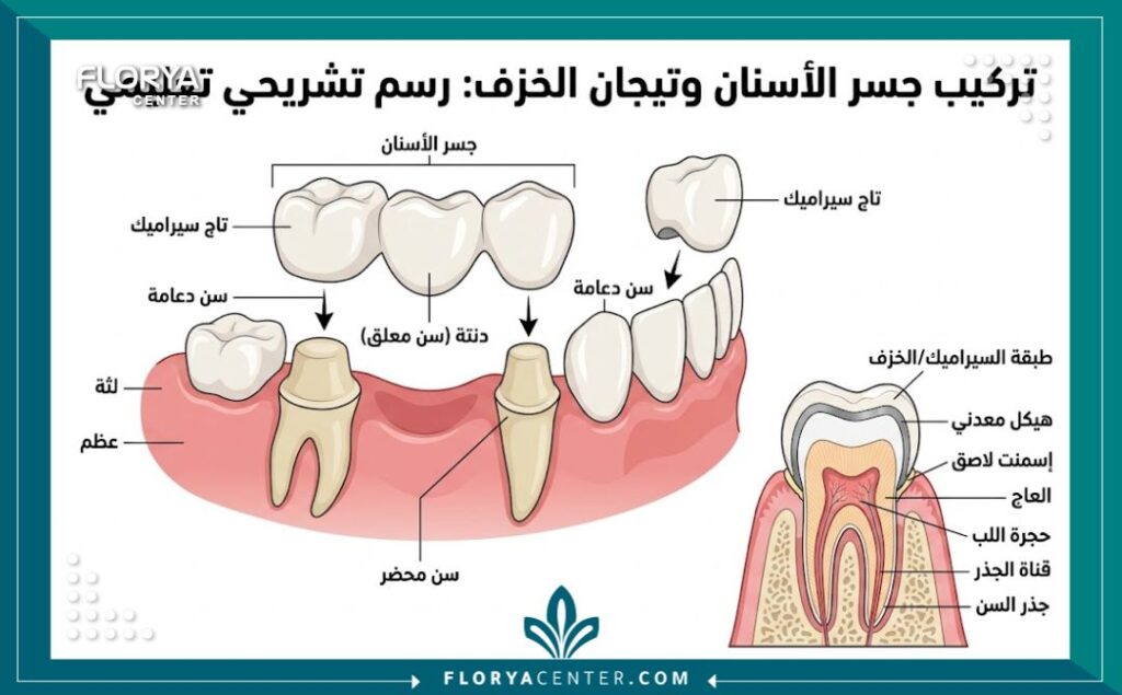 رسم توضيحي طبي يوضح كيفية عمل جسور وتيجان الأسنان لتعويض الأسنان المفقودة بأسس علمية.