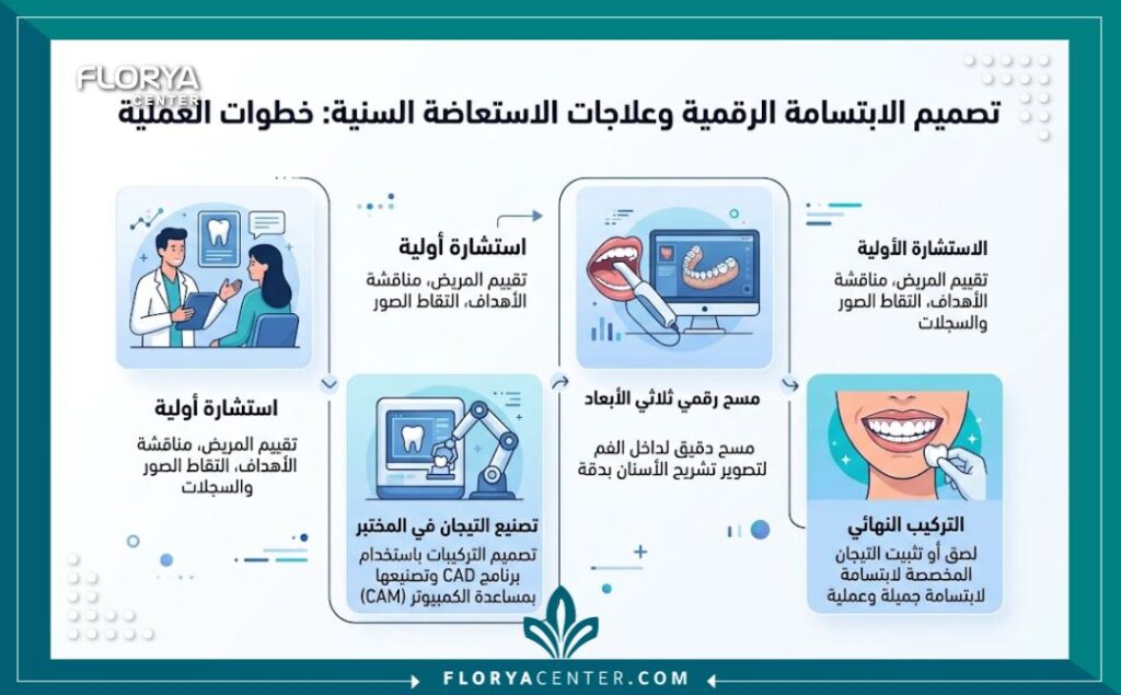 إنفوجرافيك يوضح خطوات تصميم الابتسامة وتركيب التيجان والجسور بدقة متناهية.