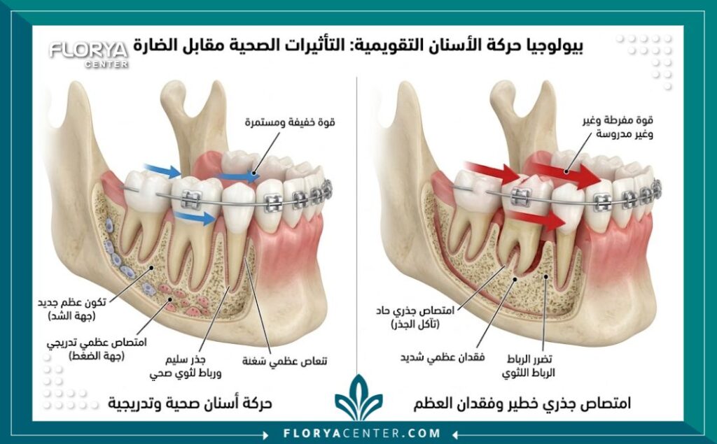 رسم توضيحي طبي يبين أهمية اختيار اخصائي تقويم لتجنب ذوبان الجذور وحركة الأسنان الخاطئة.
