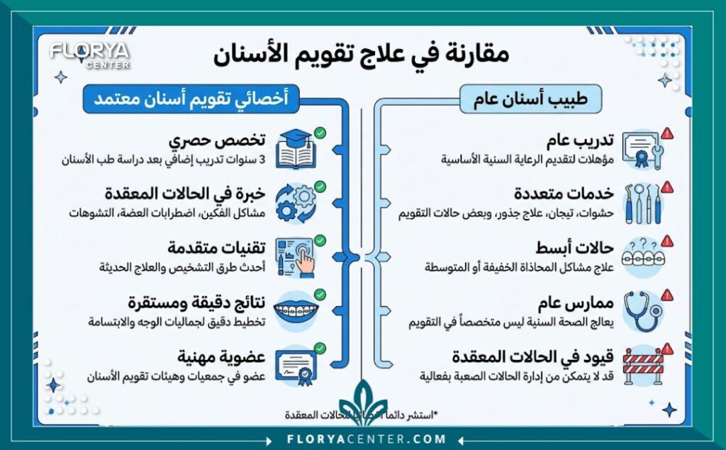 إنفوجرافيك يقارن بين أخصائي تقويم الأسنان وطبيب الأسنان العام لضمان سلامة الجذور وحركة الأسنان.