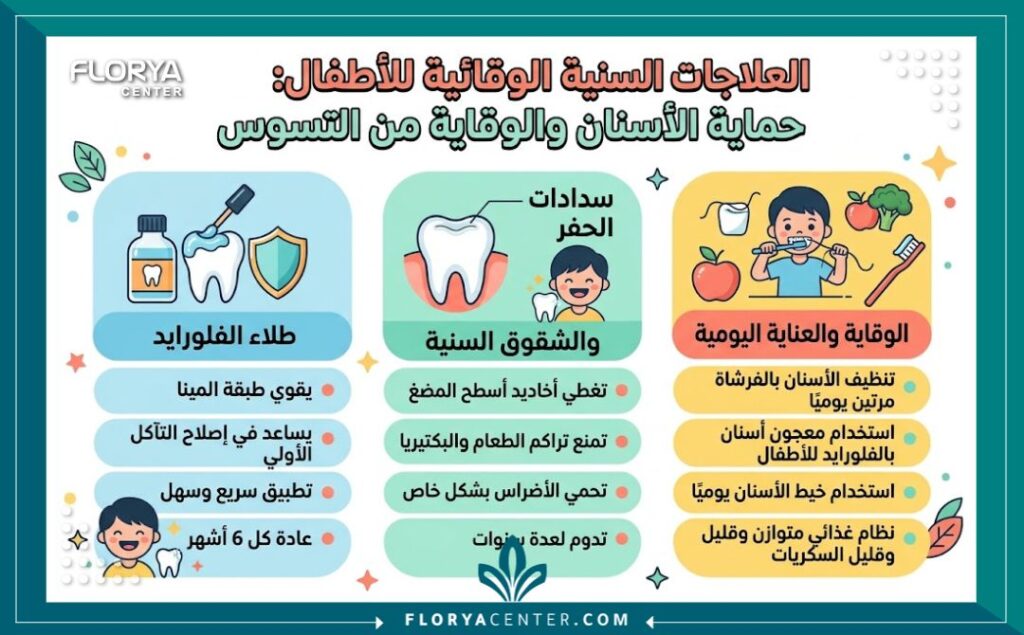 انفوغرافيك يوضح طرق وقاية أسنان الأطفال والعلاجات الوقائية المتاحة عند طبيب أسنان الأطفال.