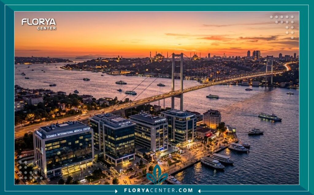 منظر بانورامي لمدينة إسطنبول يجمع بين السياحة العلاجية ومعالم المدينة الساحرة وقت غروب الشمس.