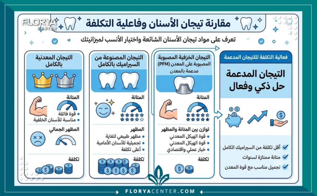 إنفوجرافيك يوضح مقارنة الأسعار والخامات لاختيار ارخص تلبيسة اسنان في تركيا.