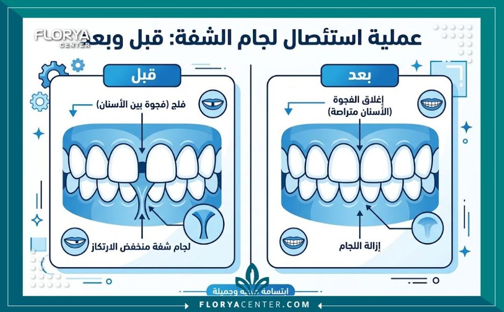 إنفوجرافيك مقارنة قبل وبعد جراحة استئصال لجام الشفة يوضح كيفية انغلاق فراغات الأسنان الأمامية.
