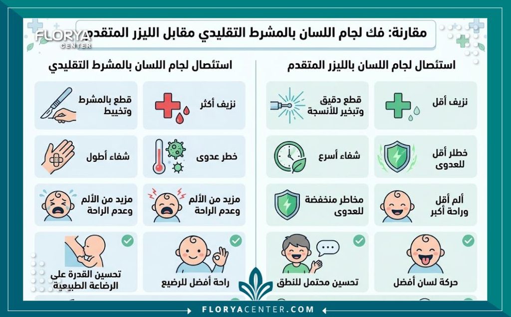 إنفوجرافيك يقارن بين مميزات استئصال لجام اللسان بالليزر والجراحة التقليدية للأطفال.