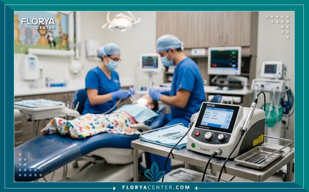 غرفة عمليات مجهزة بأحدث أجهزة الليزر الطبي لإجراء جراحة قص لجام اللسان بأعلى معايير التعقيم.