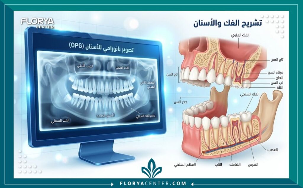 استشارة مجانية اسنان في تركيا 2 رسم توضيحي يوضح فحص الفك والأشعة البانورامية لتقييم حالة الأسنان