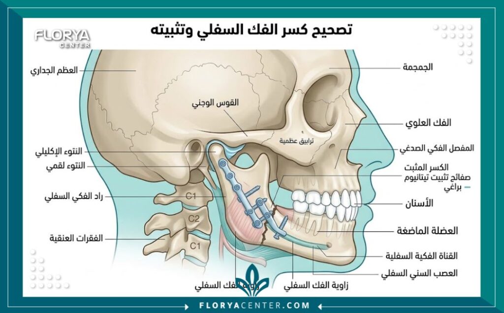رسم توضيحي طبي يوضح تشريح الفكين لعمليات تقويم الفك وكسور الوجه.