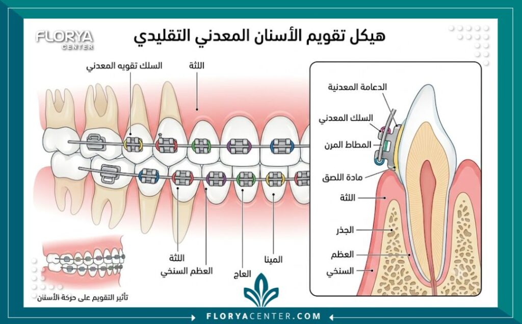 مخطط توضيحي لمكونات تقويم الأسنان المعدني وأجزائه الأساسية لتعديل اعوجاج الأسنان.